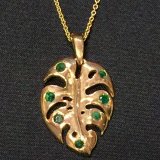 14K Gold Monstera Leaf Necklace -with Emeralds