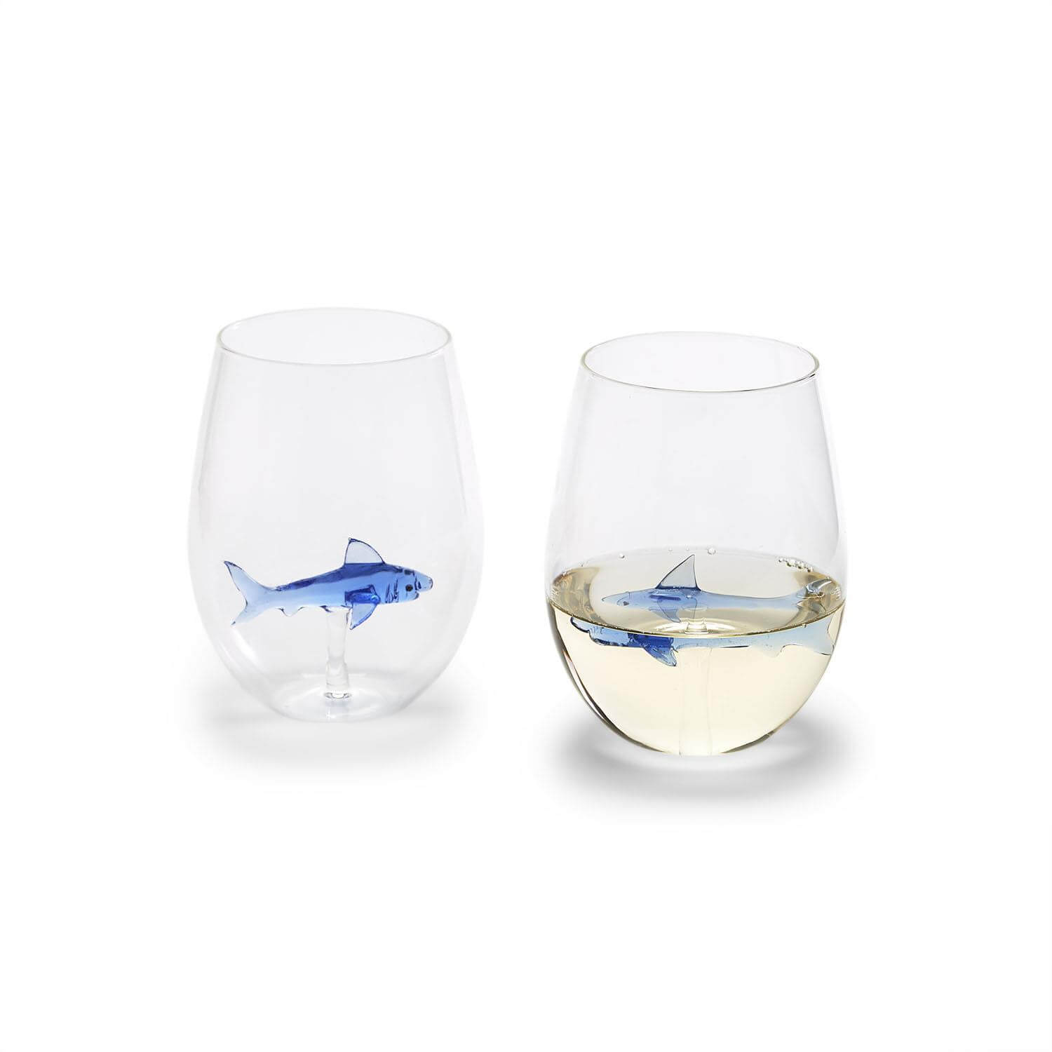 Hand Blown Blue Shark in Stemless Wine Glasses – Set of 2 – Wyland