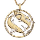 Exclusive Hand-cut Australian Great White Sharks Coin Necklace Rhodium & 14K Gold Plated
