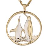 Exclusive Hand-cut Falkland Penguins Coin Necklace Plated with Rhodium & 14K Gold