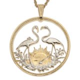 Exclusive Hand-cut Flamingo Sunrise Coin Necklace Plated with Rhodium & 14K Gold
