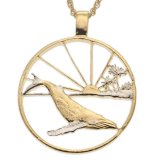 Exclusive Hand-cut Humpback Sunset Coin Necklace Plated with Rhodium & 14K Gold