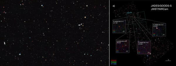 Left, an observation made by the Hubble Space Telescope of the Great Observatories Origins Deep Survey, or GOODS, in 2016. Right, the Webb telescope’s NIRCam image of the GOODS South field, with four confirmed high-redshift galaxies.