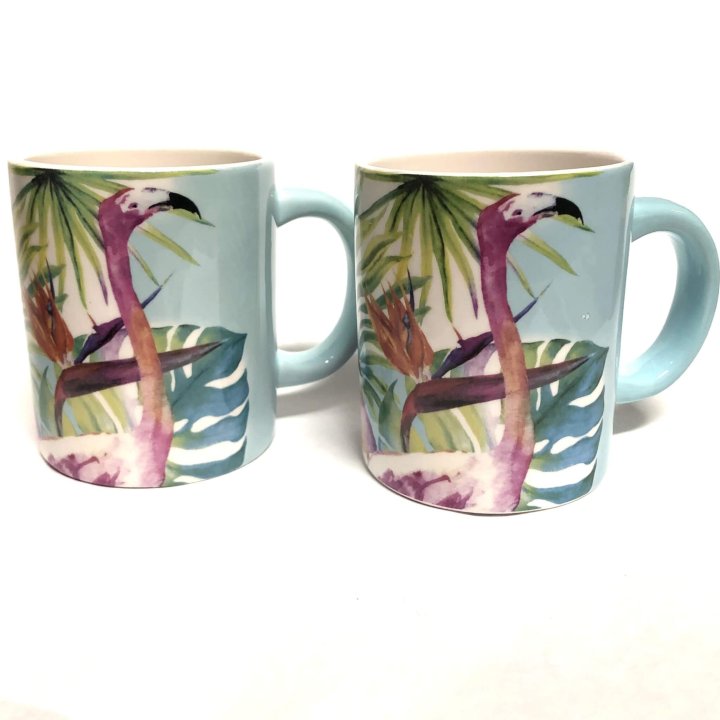 Set of 2 Flamingo Coffee/Tea Mugs - in Tropical Print Gift Box
