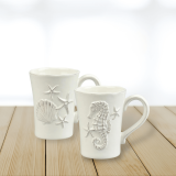 Set of 2 Textured Ceramic Sea Life Mugs – Shells & Seahorse